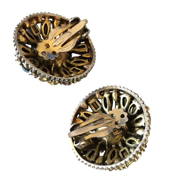 HOLLYCRAFT 1955 Vintage Rainbow Rhinestone Clip Earrings Pastel Statement - Picture 8 of 9